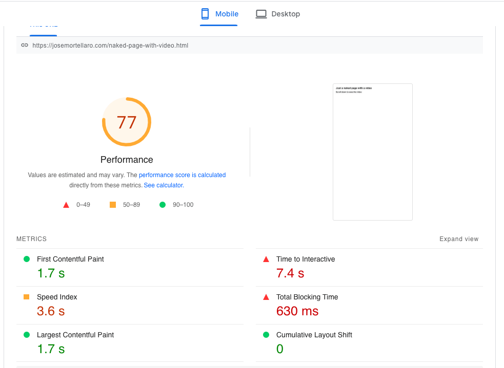 Naked page with video. Performance measured with Google PSI on mobile.